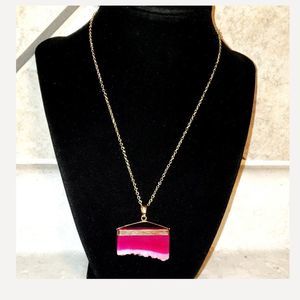 Pink Raw Cut Natural Agate Pendant Gold Necklace